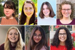 From top left: Catherine Cox '23, Brianna Desharnais '22, Julia Hart '21, Lauren Howard '22, Evangeline Kennedy '21, Irmana Monem '21, and Graciella Rios Ortega '21