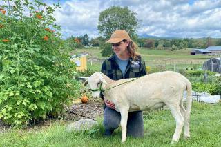 Molly Foye ’23MS poses with sheep outdoors at a farm