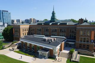 Aerial shot of the MCB and main campus quad