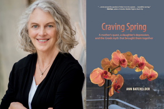 A side-by-side image of Ann Batchelder and the book cover for her book Craving Spring
