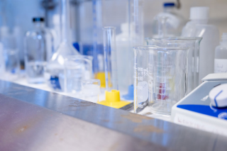 A table full of beakers and test tubes in the Simmons University nursing lab