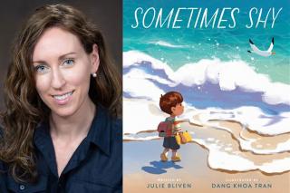 A side by side image with Julie Bliven alongside the cover of her book "Sometimes Shy"