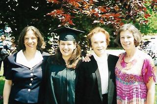  three generations of Simmons graduates at Peggy’s granddaughter’s graduation. From left, Judy Saslow Bounan ’76, Shanna Saslow Engel ’03, Peggy Saslow ’44, and Susan Saslow ’73.