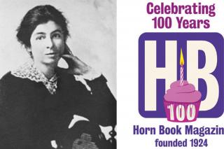 Horn Book creator Bertha Mahoney and a poster celebrating 100 years of the Horn Book magazine