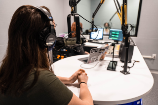 Simmons students in the radio studio