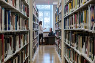 Bookshelves in a library