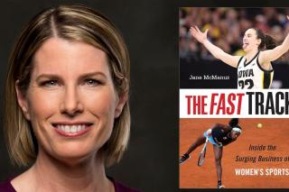 Photo of Journalist Jane McManus, and the cover of her book - The Fast Track