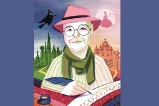 An illustration of Gregory Maguire holding a quill pen with images from Wicked in the background