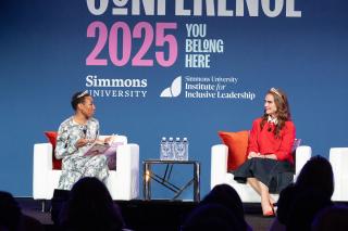 Trustee Tiffany Dufu and Brooke Shields in a fireside chat, Simmons Leadership Conference 2025, Jill Person Photography.