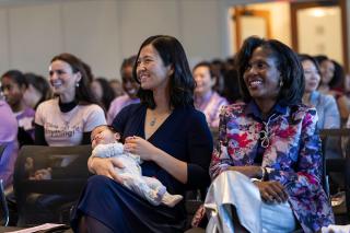 Mayor Michelle Wu and President Lynn Perry Wooten attend the International Women's Day Breakfast at Simmons University on March 7, 2025. Photograph by Mike Meija, courtesy of the City of Boston Mayor's Office.