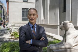 Dale Stinchcomb '16MS stands in front of the Morgan Library and Museum, where he serves as the Drue Heinz Curator of Literary and Historical Manuscripts, photograph by Carmen González Fraile.