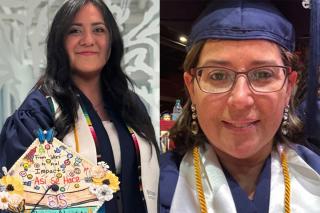 Elekcia Pimentel ’25 and Christina Orfanos ’25 in commencement attire