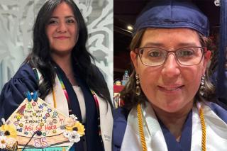 Elekcia Pimentel ’25 and Christina Orfanos ’25 in commencement attire