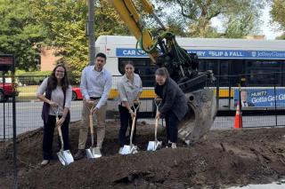 Anna Aguilera, Professor of Biology at Simmons University; Peter Salvatore, Deputy Chief Engineer at Boston Water and Sewer Commission; Abby Oliveira, Senior Land Use and Sustainability Manager at Longwood Collective; and Sarah Rodrigo, Trust Program Manager at the City of Boston break ground for bioswale project