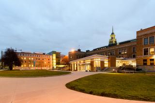 Simmons main campus quad at dusk