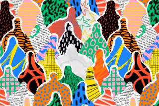 An abstract work of art depicting a diverse group of people