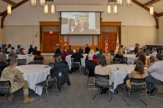 Lieutenant General Leslie C. Smith, US Army (Ret). delivers the keynote address at the 2025 Veteran's Day program, photograph by Natalya Lavrenov.