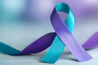The purple and teal ribbon, a symbol of solidarity with survivors of domestic violence and sexual violence.