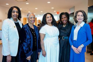  Dr. Ammina Kothari, Dean of the Ifill School, Ann Fudge ’73, ’98HD, Arielle Gray, President Lynn Perry Wooten and Ifill Forum keynote speaker Susan Goldberg