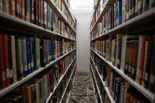 Shelves of books in the Simmons University library