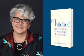 Side by side photo of Oona Metz ’93MSW and the book cover for her book "Unhitched"