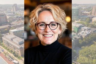 Headshot of Sara J. McKenzie ’93MBA overlaying an aerial photo of the Simmons University campus