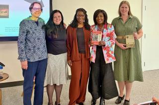 Professor Torres Gregory, Assistant Teaching Professor Cait Parker, Harvard Professor Tiya Miles, President Lynn Perry Wooten, and Assistant Professor Jamie Lee Andreson, photograph by Julia Raiani. 
