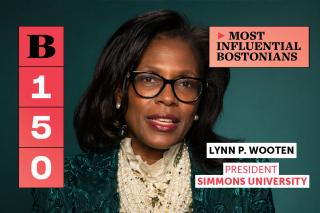 A photo of Simmons President Lynn Perry Wooten with an overlay declaring her a "Most Influential Bostonian" by Boston Magazine