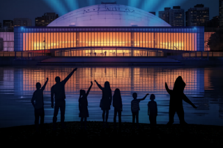 silhouette of people and stormy waving to the museum of science
