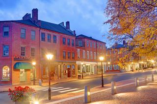 Building in Newburyport, MA at dusk