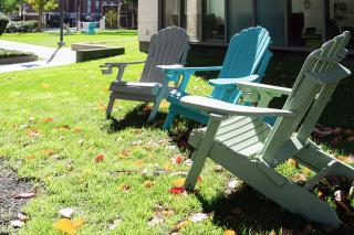 Chairs outside building on Simmons campus
