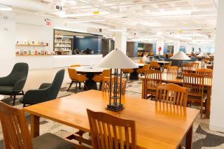 Interior of the Simmons library featuring study tables