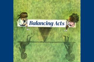 An illustration of two children balancing on a seesaw. Art copyright Daniel Miyares & Chronicle Books