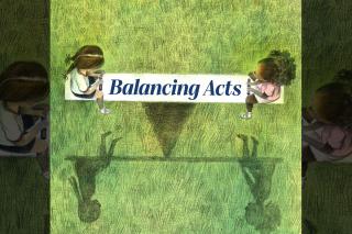 An illustration of two children balancing on a seesaw. Art copyright Daniel Miyares & Chronicle Books