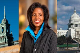 President Wooten, with the Simmons Cupola to the left and the United States Capital to the right