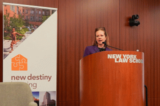 Researcher Kristie Thomas presenting the findings from the evaluation of New Destiny’s aftercare program for survivors of intimate partner violence who’ve received housing vouchers. Photo Credit: Zeny Gatdula/New Destiny Housing.