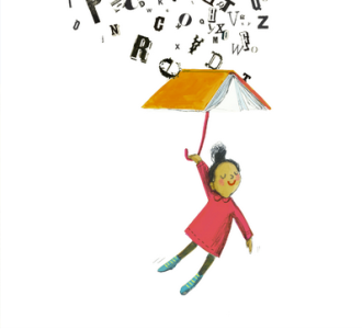An illustration of a young girl floating down with an umbrella made of a book while letters pour over her. Art copyright © Melissa Sweet.