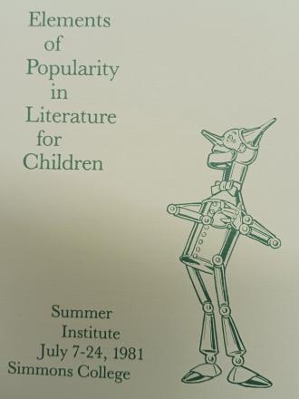 The cover of the 1981 brochure, "Elements of Popularity in Literature for Children", featuirng an illustration of the Tin Man from The Wizard of Oz