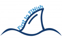 A graphic for the First to FINish program, with an illustration of a shark fin above the water with the words "First to FINish" along the front of the fin.
