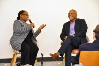 Professor Edwidge Danticat and Assistant Professor Sylvain in conversation, photograph by Camera Mosaïque.