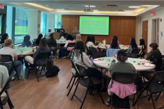 A group of Simmons students at a Study Habits workshop led by the Simmons Academic Mentors (SAMs)