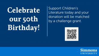 A graphic containing a QR code to donate in support of the 50th year of the Children's Literature Summer Institute