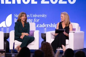 Hoda Kotb and Susan MacKenty Brady in a conversation during the 2026 Simmons Leadership Conference. Jill Person Photography.