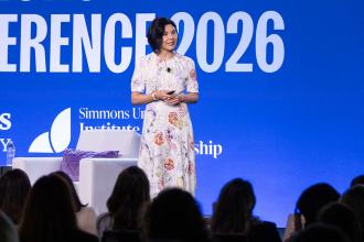Nadya Zhexembayeva speaking at the Simmons Leadership Conference 2026. Jill Person Photography