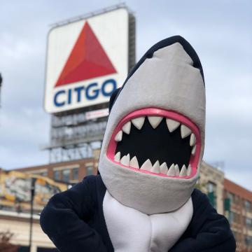 Stormy the Shark in front of the CITGO sign