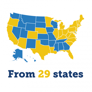 United States Map with 29 highlighted states indicating where the Class of 2023 lives.