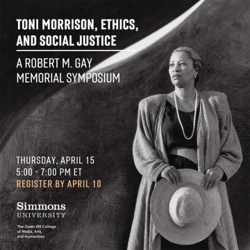 Image promoting Toni Morrison Event with B&W photo of Toni Morrison