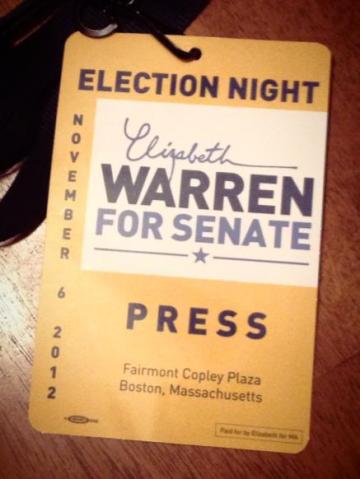 Erica Moura's press pass for Senator Elizabeth Warren's election night in 2012.