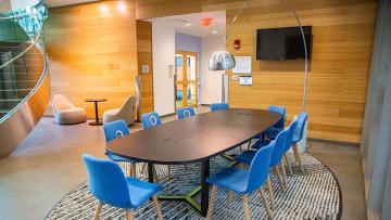 A study table in the School of Management Building at Simmons University