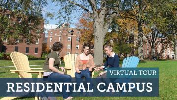 Photo of campus with text that reads Virtual Tour Residential Campus